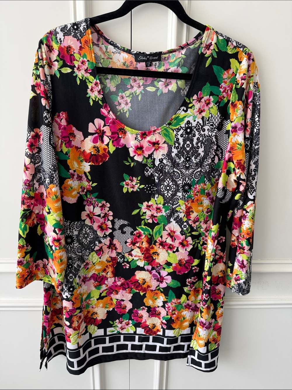 Slinky Brand Black Floral Scoop Neck Tunic with Pink & Orange Blooms